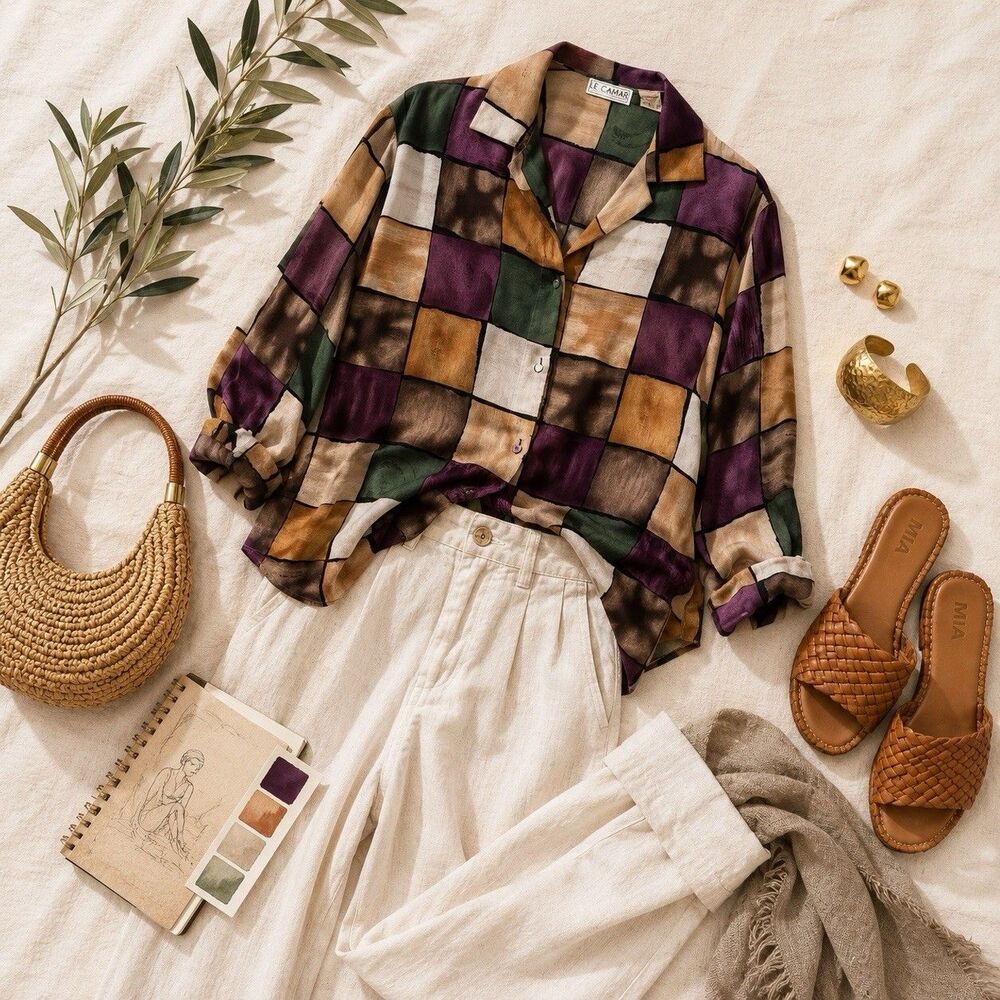 Vintage 90s Geometric Patchwork Blouse Large